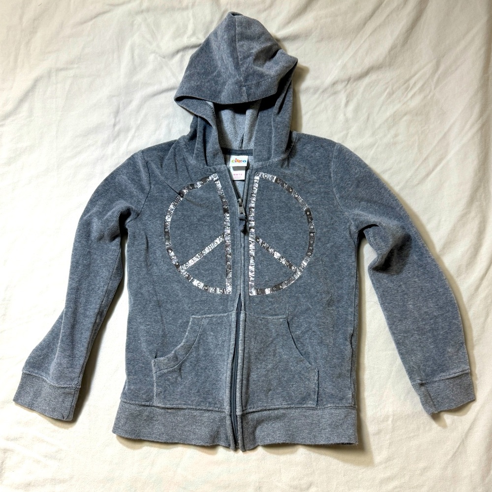 Peace Gray Hoodie Sweatshirt Girl’s 7-8 Medium Hooded Full Zip Spring Cover Top